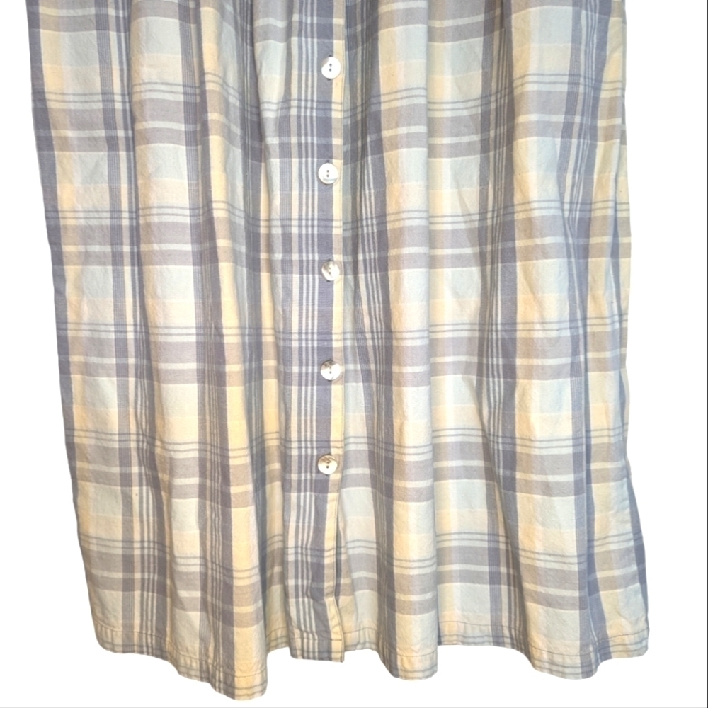 Vintage 90s Prairie Pinafore Cotton Plaid Embroidered Maxi Dress S - Picture 11 of 13